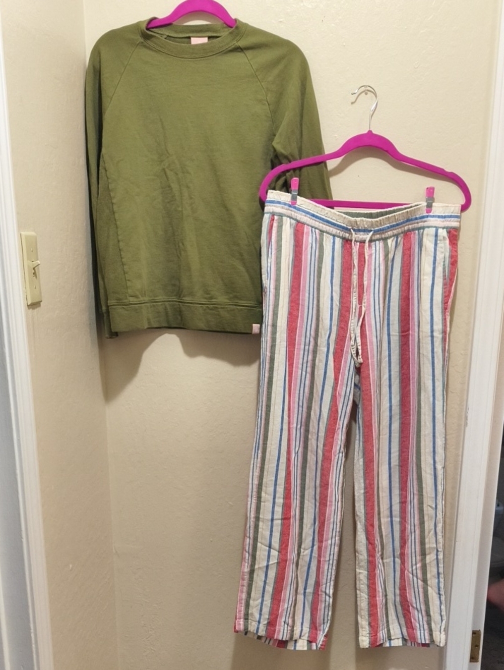Third Love Olive Green Sweater with Striped Lounge Pants